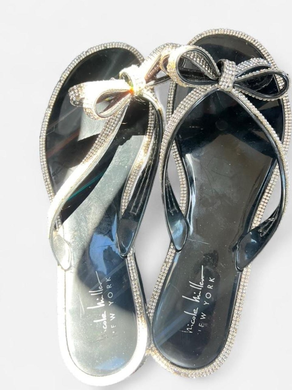 Nicole Miller Black Jelly Bow Sandals with Rhinestone Trim
